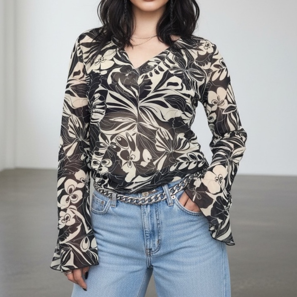 Y2K Whimsigoth sheer floral top